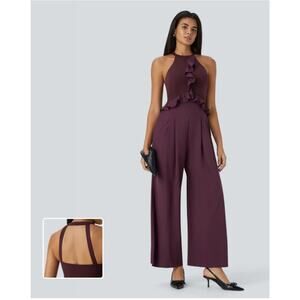 New Halara womens Breezeful halter ruffle buckle backless wide leg jumpsuit sz L